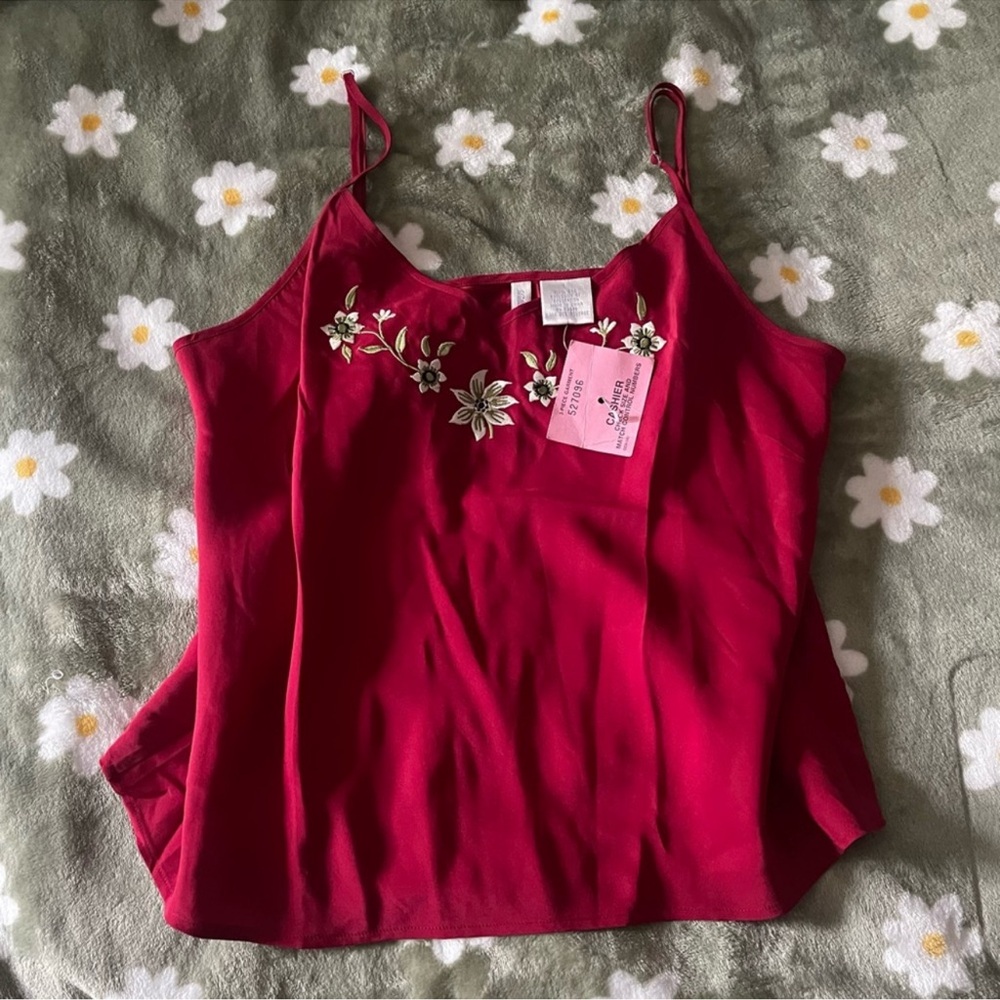 Willow Blossom Red 100% Silk Embroidered Floral V-Neck Cami Tank Top